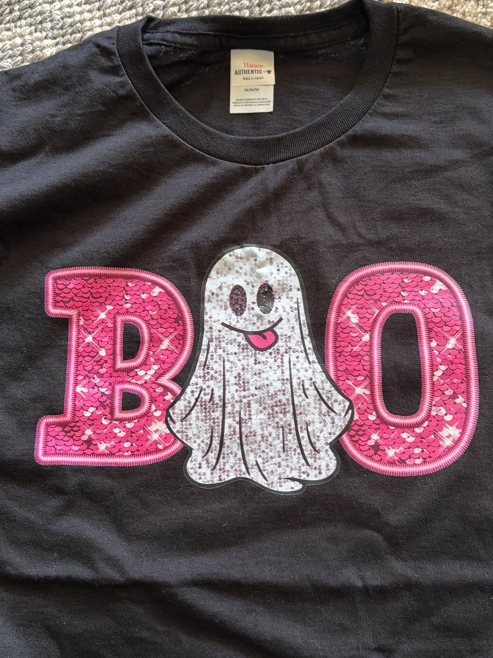 Hanes Black Short Sleeve 'BOO' Ghost Tee with Pink Sequin Letters